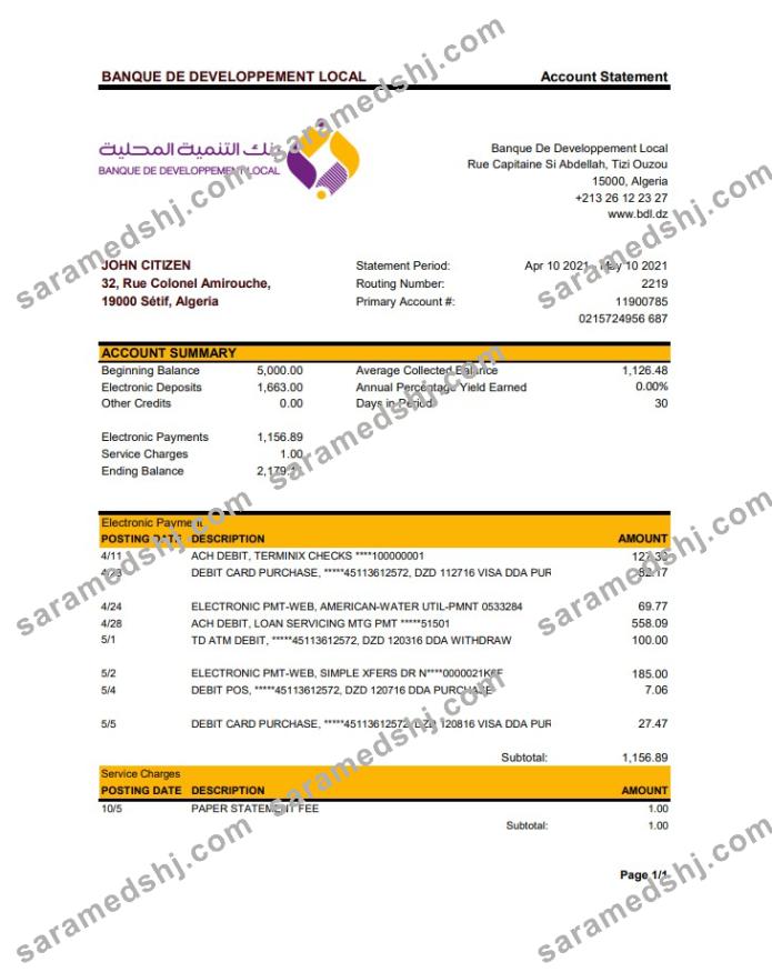 Algeria Banque De Developpement Local Bank Statement xls